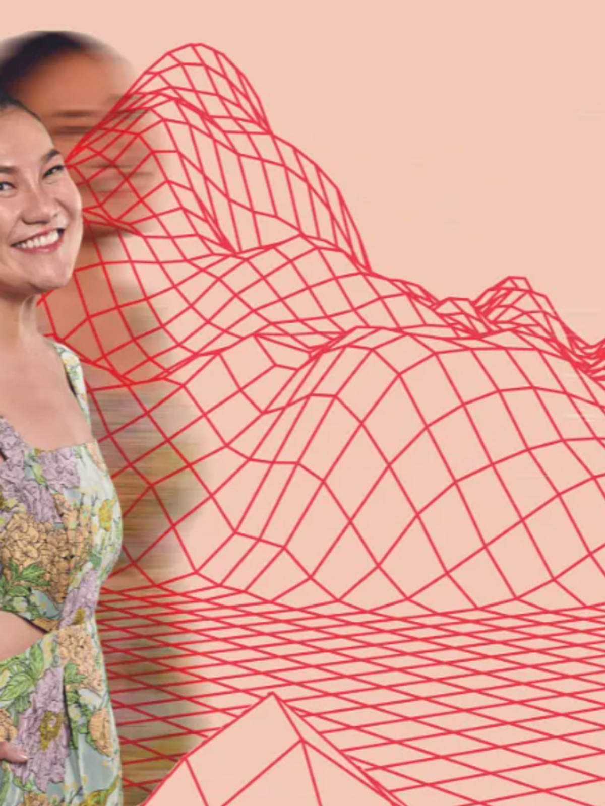 Dr. Loretta Chen beside a red wireframe landscape