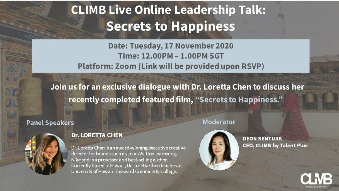 Event poster: CLIMB Live Online Leadership Talk with Dr. Loretta Chen